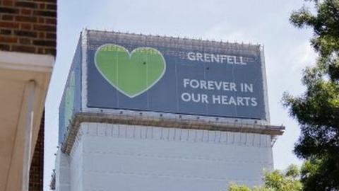 Grenfell Tower is pictured in west London on June 14, 2021, four years after a fire in the residential tower block killed 72 people.