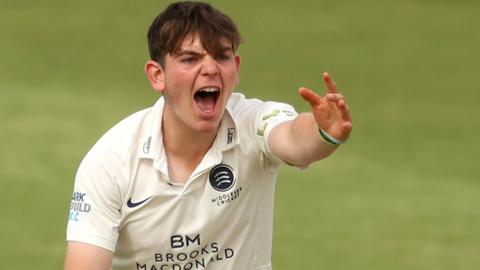 Middlesex bowler Ethan Bamber appeals for a wicket