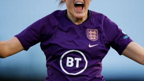 Detailed view of the BT Sponsor on the training shirt of Georgia Stanway of England.