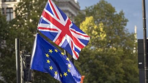 UK and EU flags outside the Houses of Parliament in London. Photo: September 2019