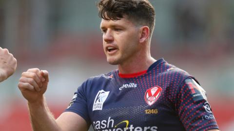 St Helens' Lachlan Coote celebrates a try against Leigh