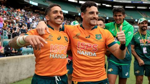 Australia’s Maurice Longbottom (left) and Matthew Gonzalez celebrate after their side qualify for the rugby sevens at the 2024 Olympics