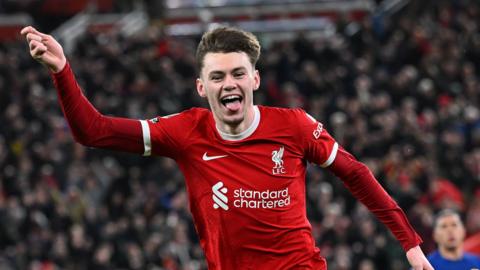 Conor Bradley celebrates his goal for Liverpool against Chelsea