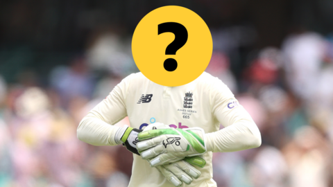 An England wicketkeeper with his face hidden behind a question mark