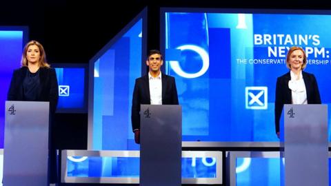 Penny Mordaunt, Rishi Sunak, and Liz Truss on stage at the Channel 4 leadership debate