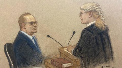 Court drawing of (L-R) Kevin Spacey during cross-examination by Christine Agnew KC (Prosecution Barrister) at Southwark Crown Court