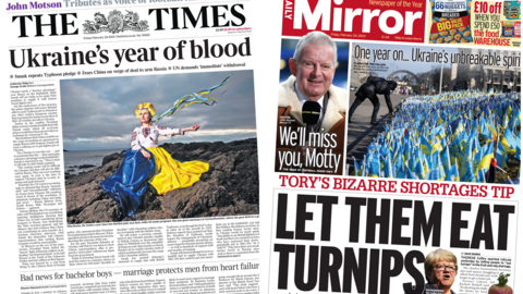 The headline on the front page of the Times reads 'Ukraine's year of blood' and the headline on the front page of the Daily Mirror reads 'Let them eat turnips'