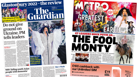 The headline in the Guardian reads 'Do not give ground on Ukraine, PM tells leaders' and the headline in the Metro reads 'The Fool Monty'