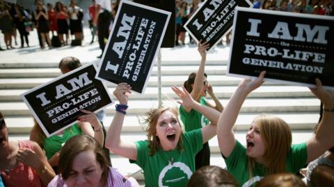 Anti-abortion advocates cheer in front of the Supreme Court after the decision in Burwell v. Hobby Lobby Stores was announced June 30, 2014