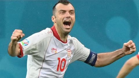 Goran Pandev celebrates scoring at Euro 2020