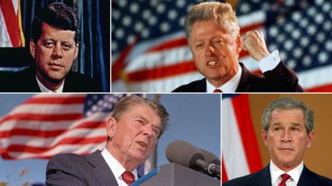 A composite image showing John F Kennedy, Bill Clinton, George W Bush and George Bush Senior