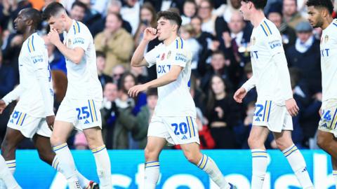 Daniel James celebrating after scoring Leeds' first goal.