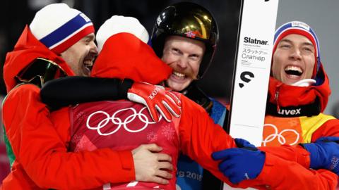 Norway's Daniel Andre Tande, Andreas Stjernen, Johann Andre Forfang and Robert Johansson