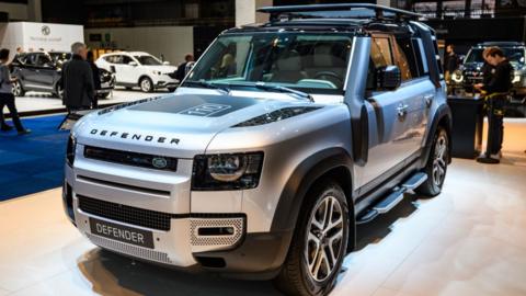 A new Land Rover Defender 110 off-road 4x4 vehicle on display at Brussels Expo