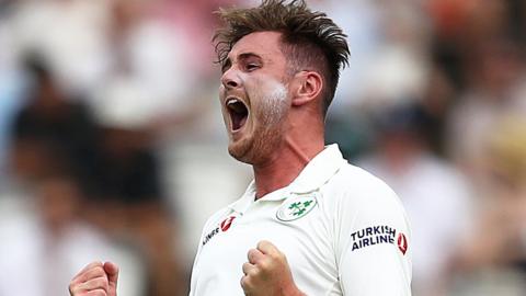 Ireland's Mark Adair celebrates dismissing Jonny Bairstow in the 2019 Test against England