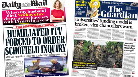 The headline in the Mail reads, "Humiliated ITV forced to order Schofield inquiry", while the headline in the Guardian reads, "Universities' funding model is broken, vice-chancellors warn"