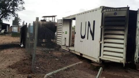 Burnt containers are seen at the United Nations base in Beni in the eastern part of the Democratic Republic of Congo