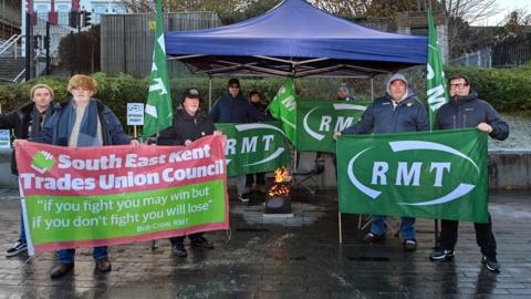 Members of the RMT on a picket line outside Dover Priory Station
