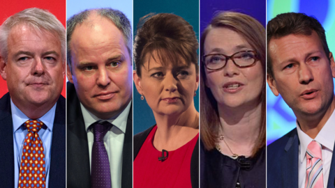 party leaders from left to right: Carwyn Jones, Andrew RT Davies, Leanne Wood, Kirsty Williams and Nathan Gill