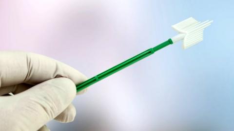 A gloved hand holding a gynaecological swab used in a smear test