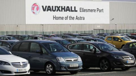 Vauxhall cars parked outside the Ellesmere Port plant.