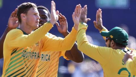 South Africa celebrate taking an Irish wicket