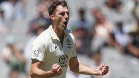 Australia's Pat Cummins celebrates a wicket v Pakistan
