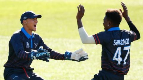 Ben Shikongo celebrates taking a wicket for Namibia against Sri Lanka