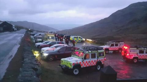 Several rescue vehicles