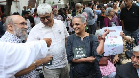 Arundhati Roy pictured at a protest
