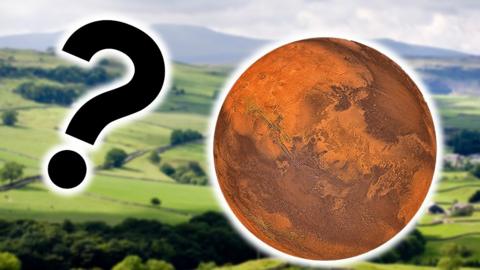 Graphic with blurred background of yorkshire countryside. question mark and mars planet in front.
