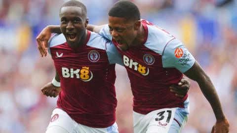 Leon Bailey celebrates with Moussa Diaby during Aston Villa's 4-0 win over Everton