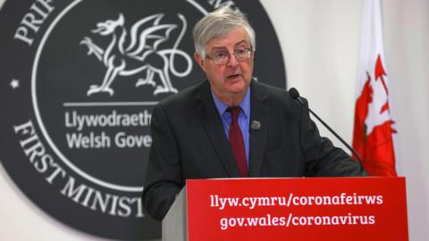 First Minister of Wales Mark Drakeford takes questions off the press during a press conference at the Welsh Government building in Cathays Park on June 04, 2021 in Cardiff, Wales