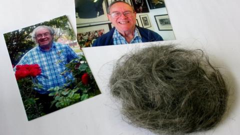 Pictures of Duncan before and after haircut next to cut hair