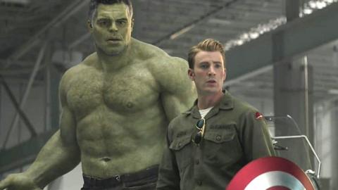 A scene from Avengers: Endgame - Smart Hulk (L) stands next to Captain America (R)