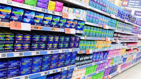 Sanitary products in supermarket