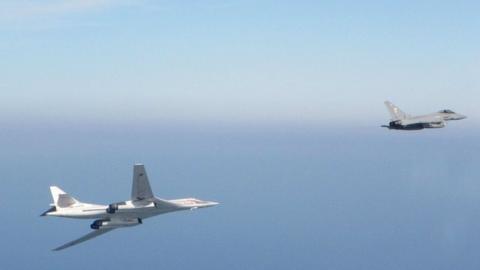 RAF Typhoons from RAF Lossiemouth intercepting two Russian "Blackjack" Bombers flying over the North Sea.