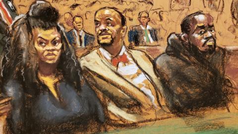 Courtroom sketch shows Tova Noel sitting beside lawyer Montell Figgins and co-defendant Michael Thomas on 19 November 2019