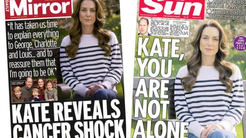 The headline on the front page of the Daily Mirror reads: "Kate reveals cancer shock" and the headline on the front page of the Sun reads: "Kate, you are not alone".
