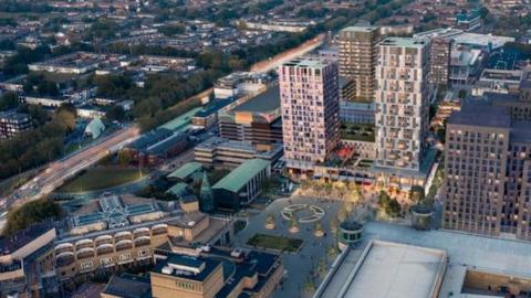 A CGI rendering of an aerial view of Town Square North from the south west, taken from a design and access statement.