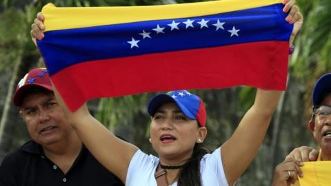 A group of Venezuelans living in Colombia participate in a protest against the election of the Constituent National Assembly (ANC) in Venezuela; in Cartagena, Colombia, 30 July 2017.