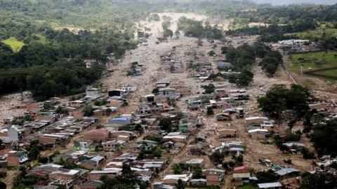 Aerial views shows the devastation in Mocoa, Colombia, 4 April 2017