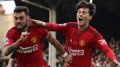 Bruno Fernandes (left) celebrates scoring for Manchester United against Fulham