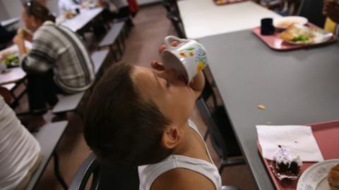 A boy finishes a free meal at a centre in Atlantic City