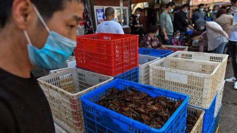 A market selling prawns in Wuhan