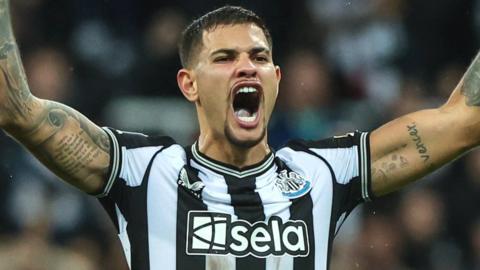 Bruno Guimaraes celebrates scoring for Newcastle