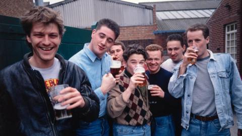 Actor and Sheffield United fan Sean Bean and his friends outside the Sportsman pub on Denby Street