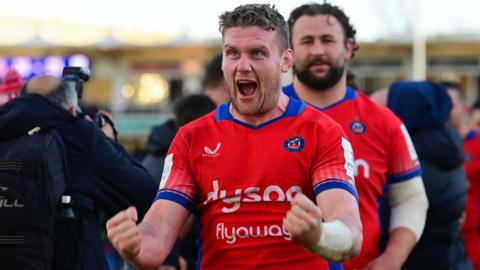 Bath's Niall Annett celebrates a win against Racing 92