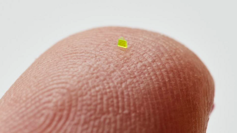 Microscopic handbag placed on the tip of a finger