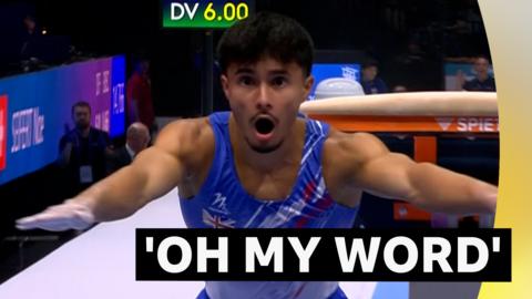 Great Britain's Jake Jarman looks shocked as he lands a huge scoring vault.